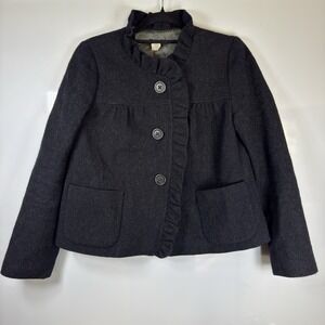 J CREW Women's Sz 8 Dark Gray 100% Wool Ruffle Detail Long Sleeve Jacket